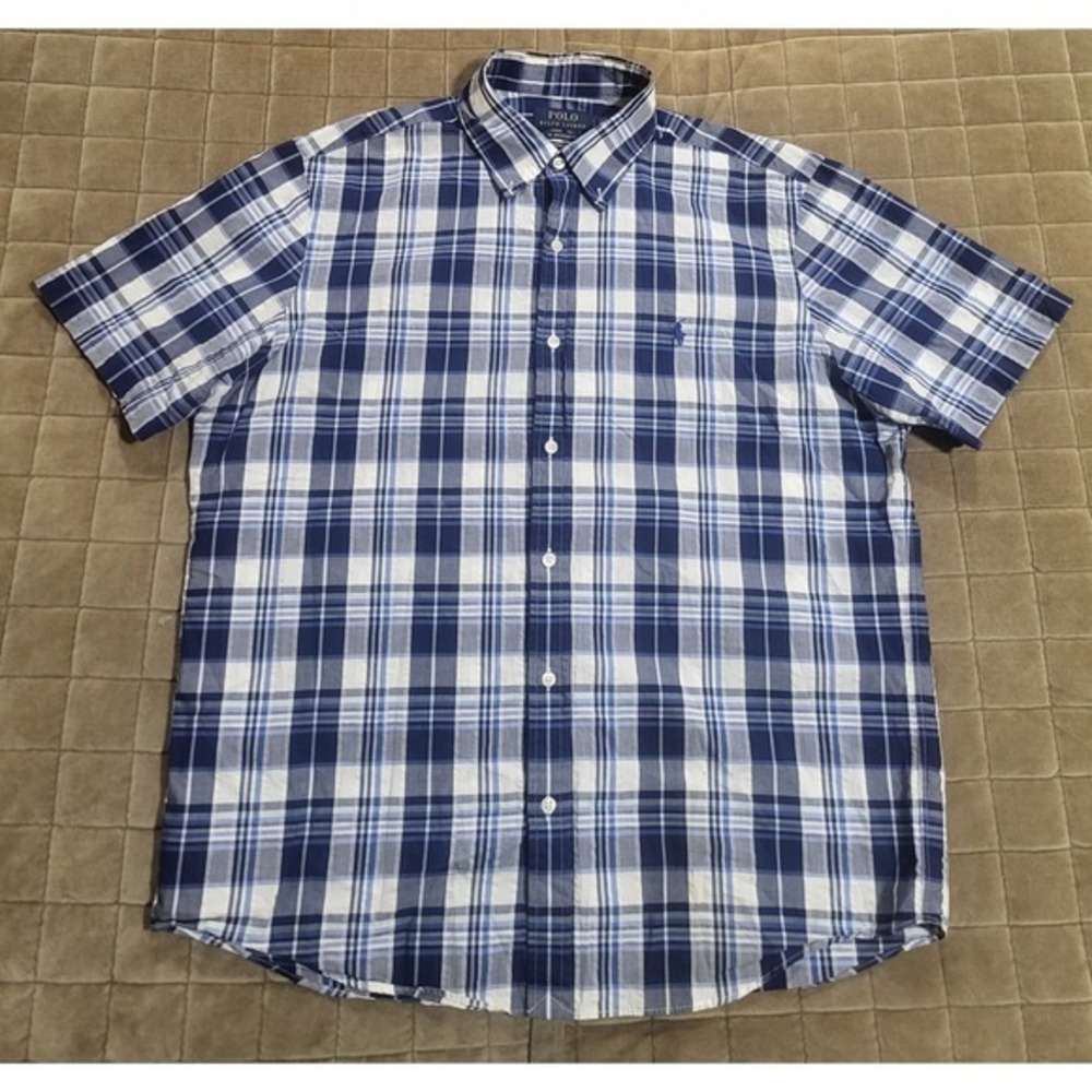 Polo Ralph Lauren Men's Short Sleeve Large Blue Striped Seersucker Untucked Fit